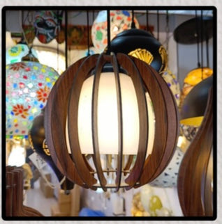 LED Hanging Lamp with wooden slants.