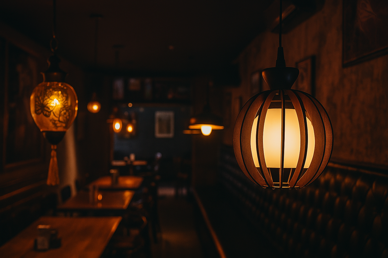 LED Hanging Lamp with wooden slants.